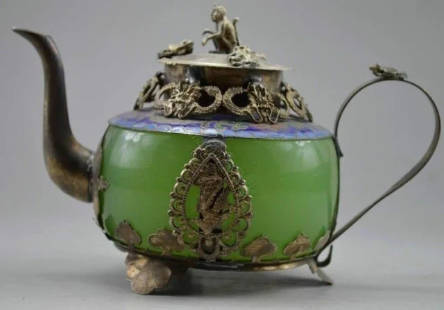 Collectible Green Jade & Tibet Silver Dragon Teapot