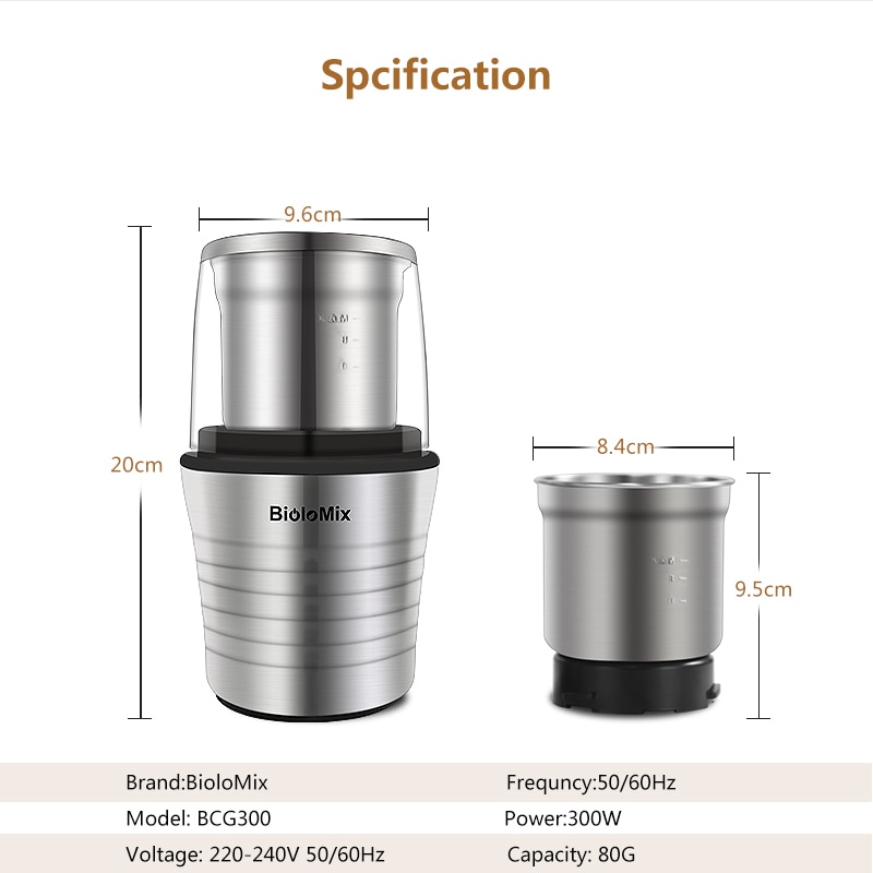 Biolomix 2-in-1 wet and dry double cups 300w electric spices and coffee bean grinder stainless steel body and miller blades