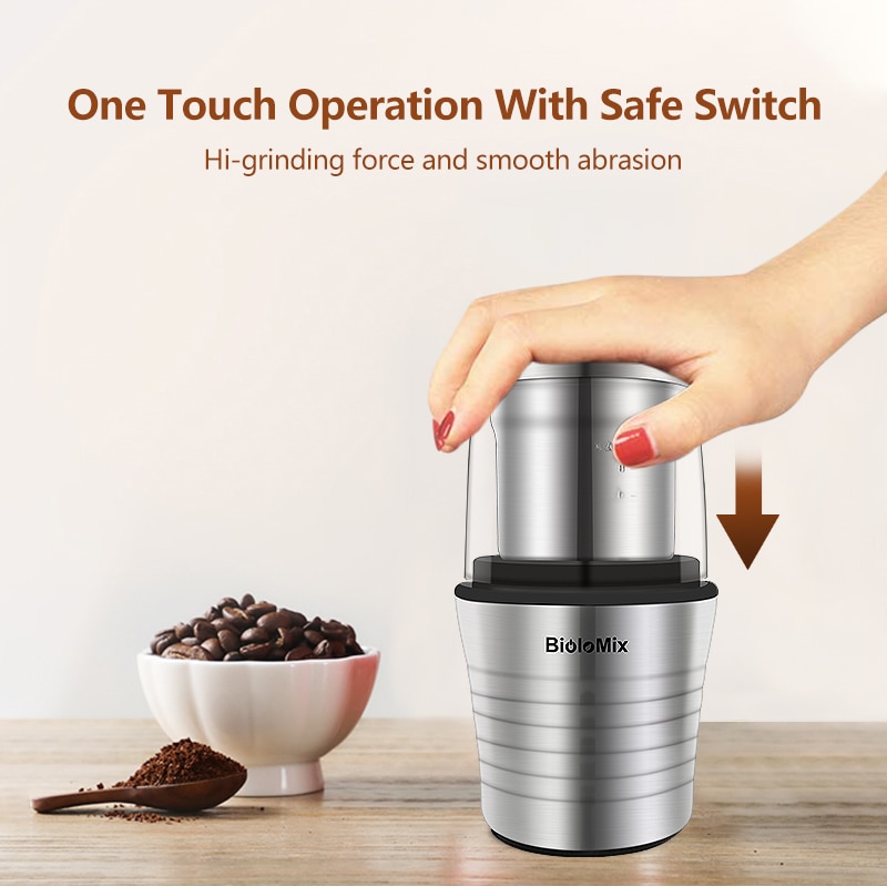 Biolomix 2-in-1 wet and dry double cups 300w electric spices and coffee bean grinder stainless steel body and miller blades