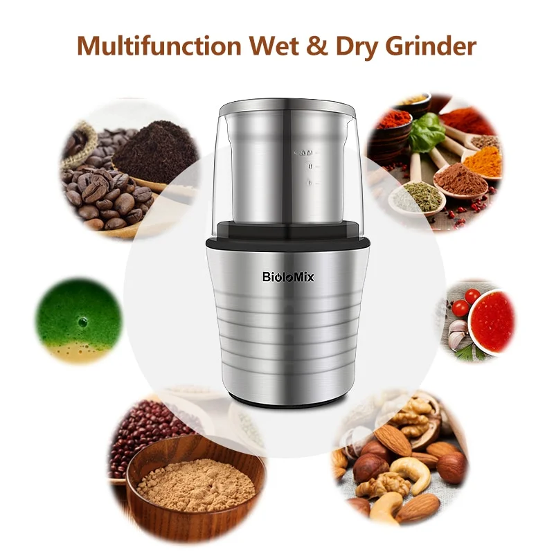 Biolomix 2-in-1 wet and dry double cups 300w electric spices and coffee bean grinder stainless steel body and miller blades