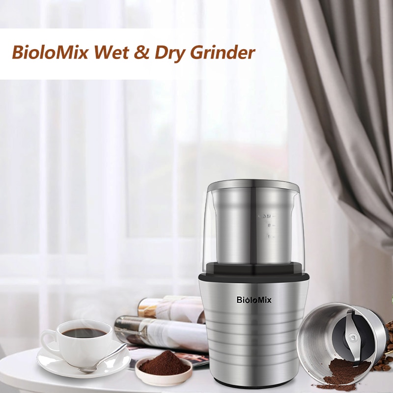 Biolomix 2-in-1 wet and dry double cups 300w electric spices and coffee bean grinder stainless steel body and miller blades