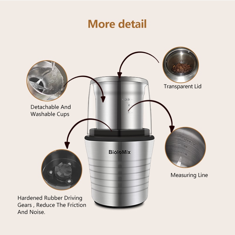 Biolomix 2-in-1 wet and dry double cups 300w electric spices and coffee bean grinder stainless steel body and miller blades