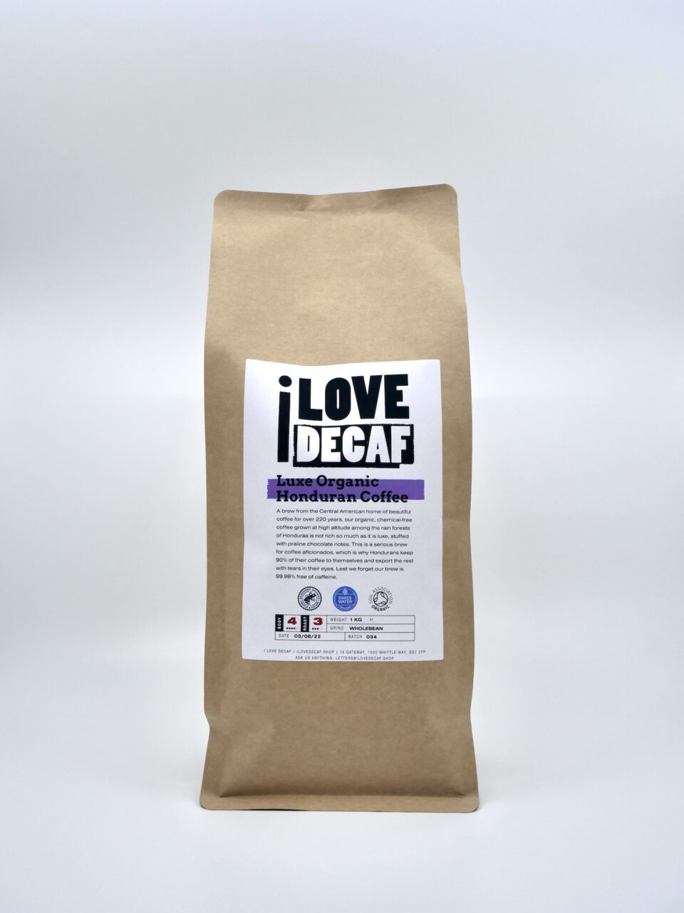 Luxe organic honduran decaf coffee packet