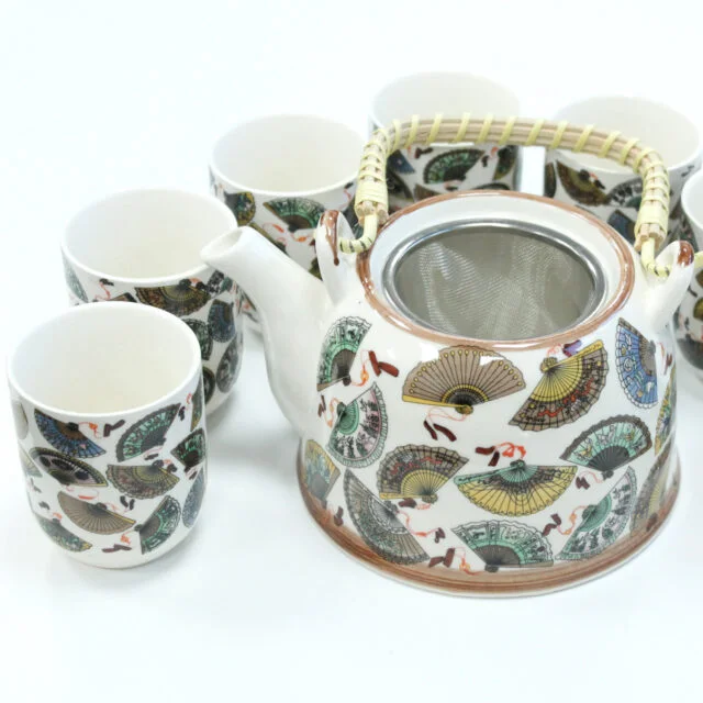 Traditional and Playful Chinese Fan Print Teapot Set