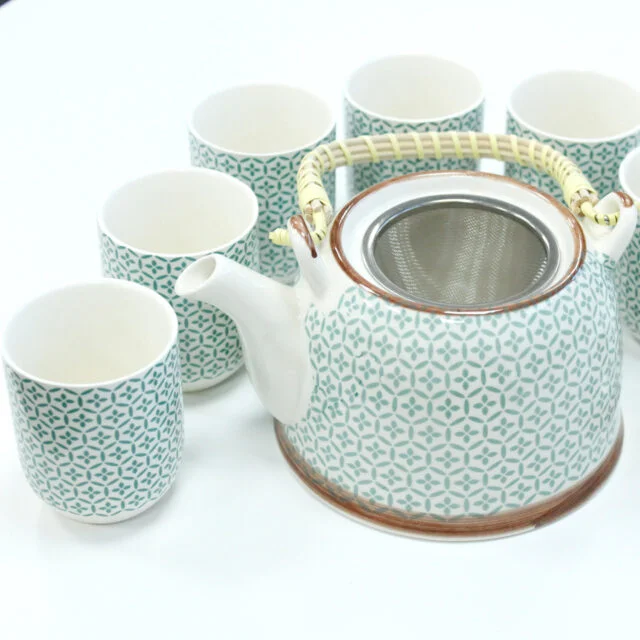Post Modern World War II Style Green Print Teapot Set