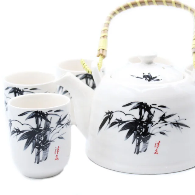 Hand-painted White Stone Oriental Teapot Set