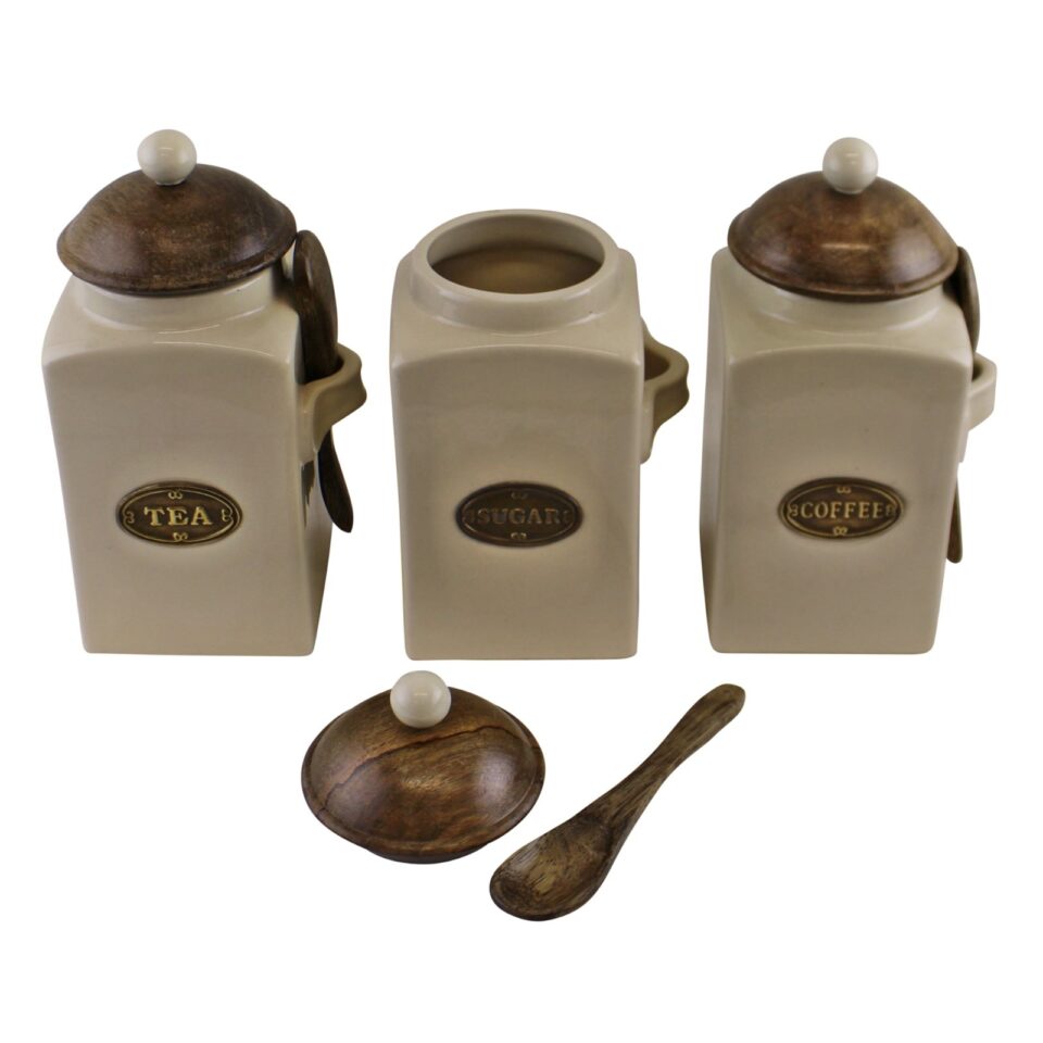 Farmhouse Ceramic Tea Coffee Sugar Canisters with Spoons - Image 3