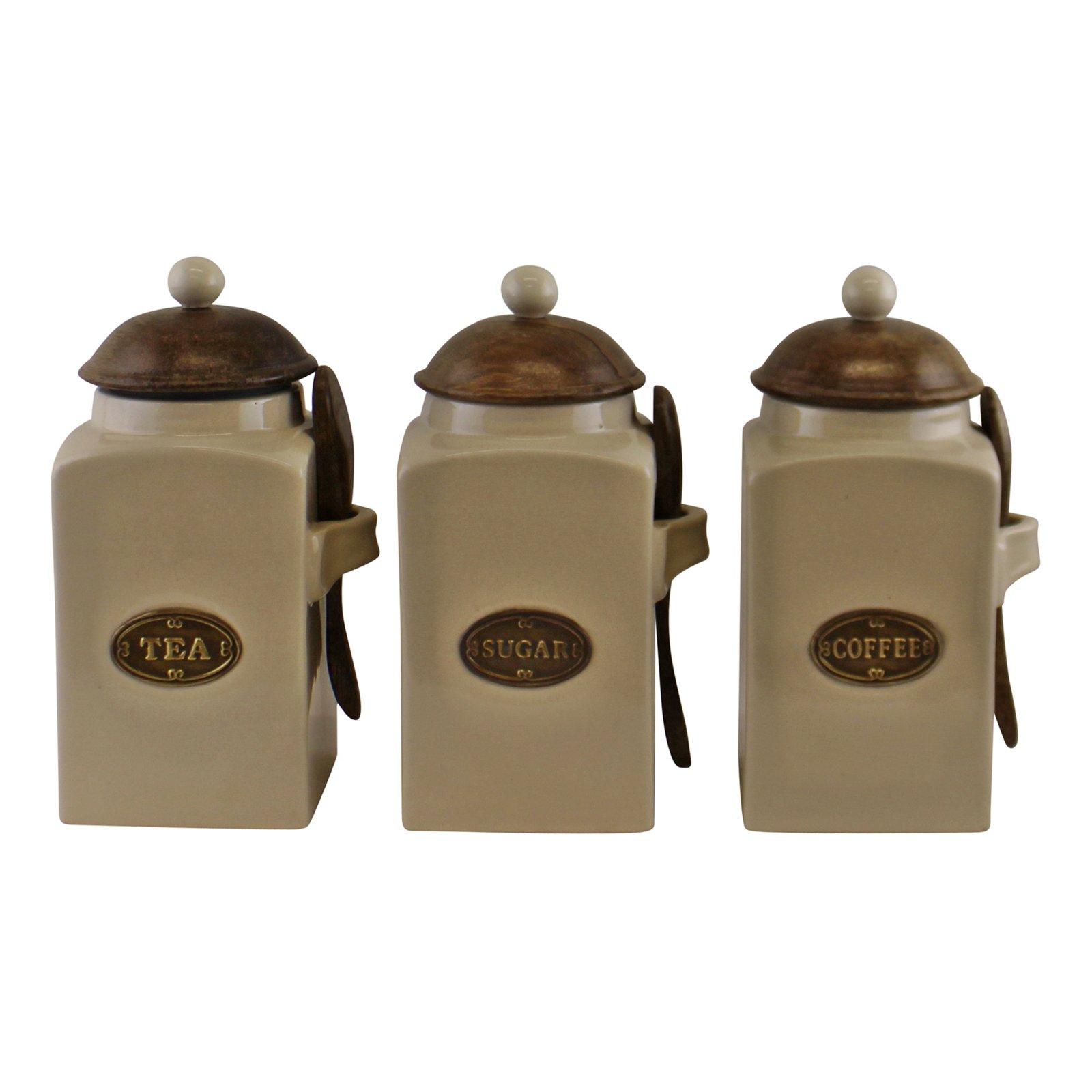 Farmhouse ceramic tea coffee sugar canisters with spoons