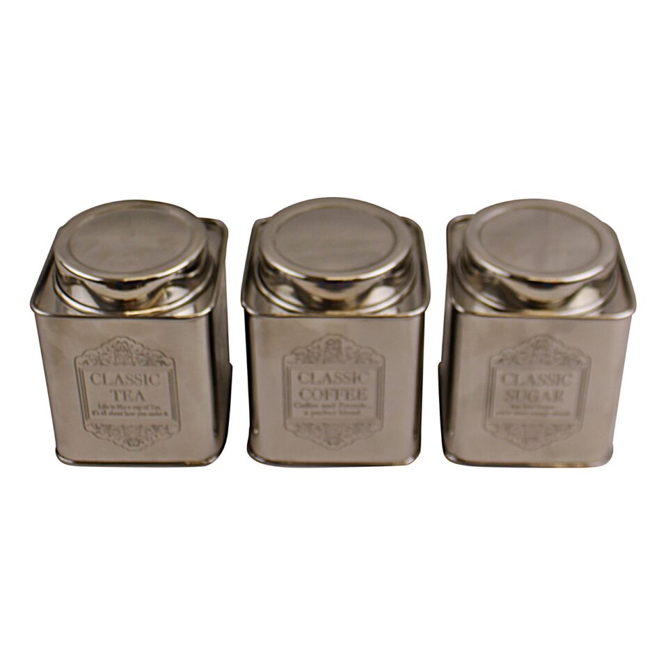 Silver Metal Caddy Style Tea, Coffee and Sugar Storage Tins - Image 2