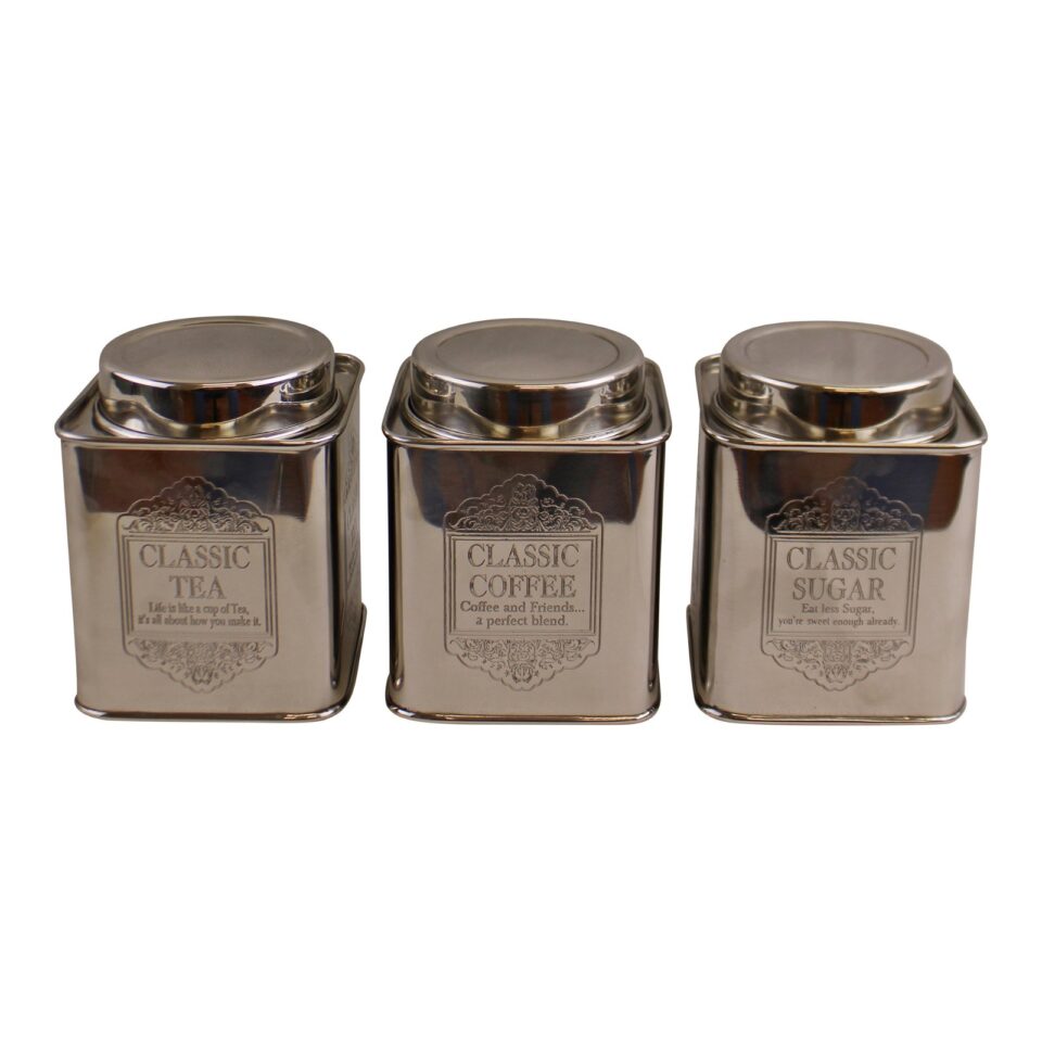 Silver Metal Caddy Style Tea, Coffee and Sugar Storage Tins
