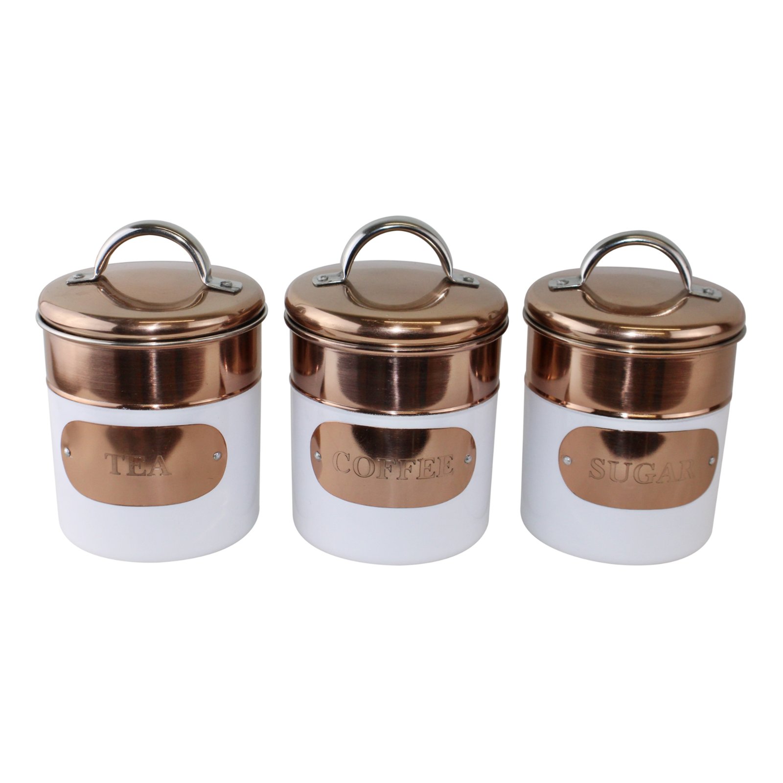 Sturdy white metal tea coffee sugar canisters