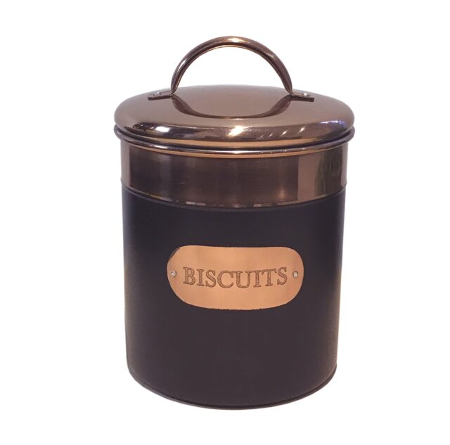 Copper and black biscuit storage tin