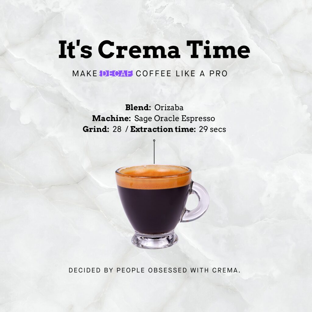 Rich swiss water style decaf coffee crema and grind advice