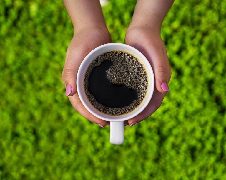 Top view of hands holding a coffee mug against a vivid green background, showcasing contrast and energy.